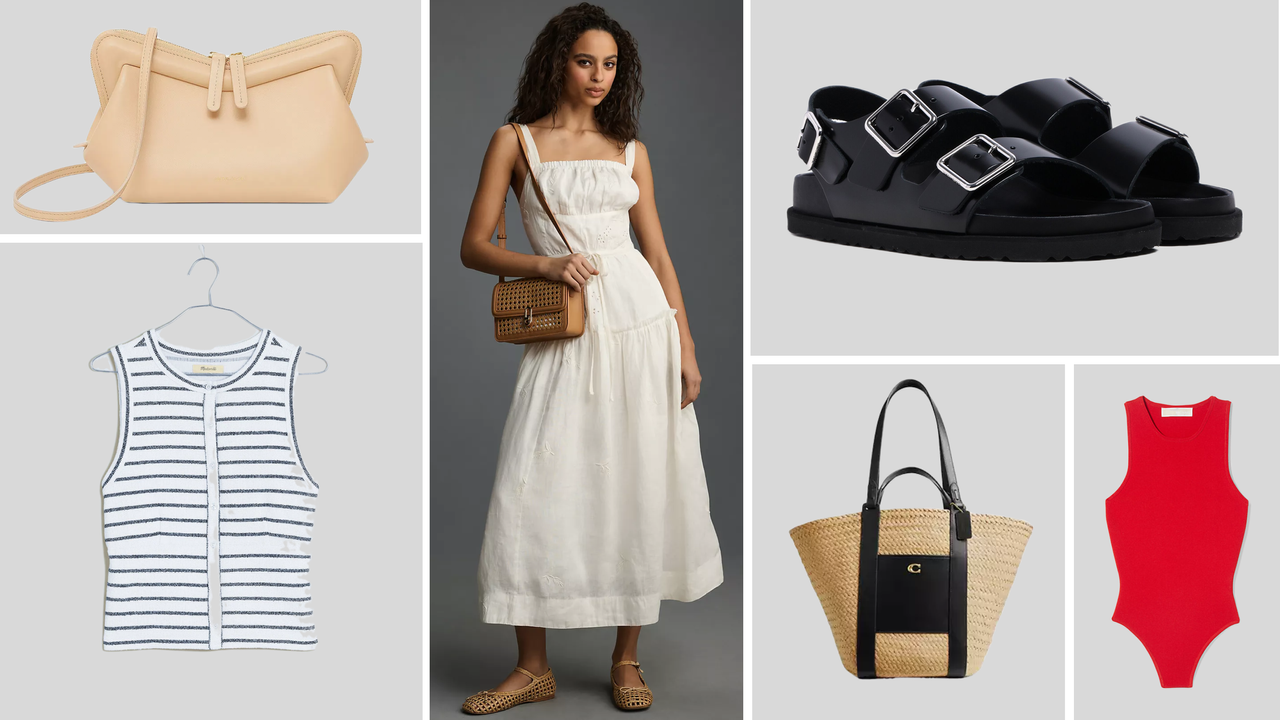 image collage of Coach Straw Pocket Tote, Michael Michael Kors Ribbed Stretch Knit Racerback Bodysuit, Birkenstock 1774 Milano Leather Sandals, By Anthropologie Linen Square-Neck Midi Dress, Mansur Gavriel Mini M Frame Leather Crossbody, Madewell Split-Crewneck Cardigan Tank in Stripe