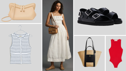 image collage of Coach Straw Pocket Tote, Michael Michael Kors Ribbed Stretch Knit Racerback Bodysuit, Birkenstock 1774 Milano Leather Sandals, Abercrombie Stretch Cotton A-Line Mini Dress, 
