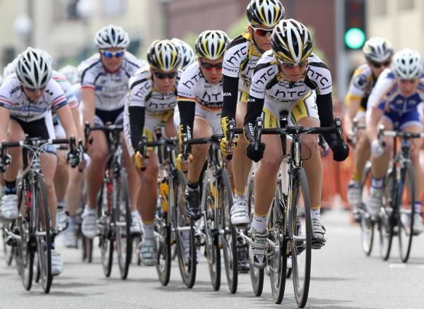 The HTC - Columbia lead-out train works for their sprinter Ina Teutenberg.