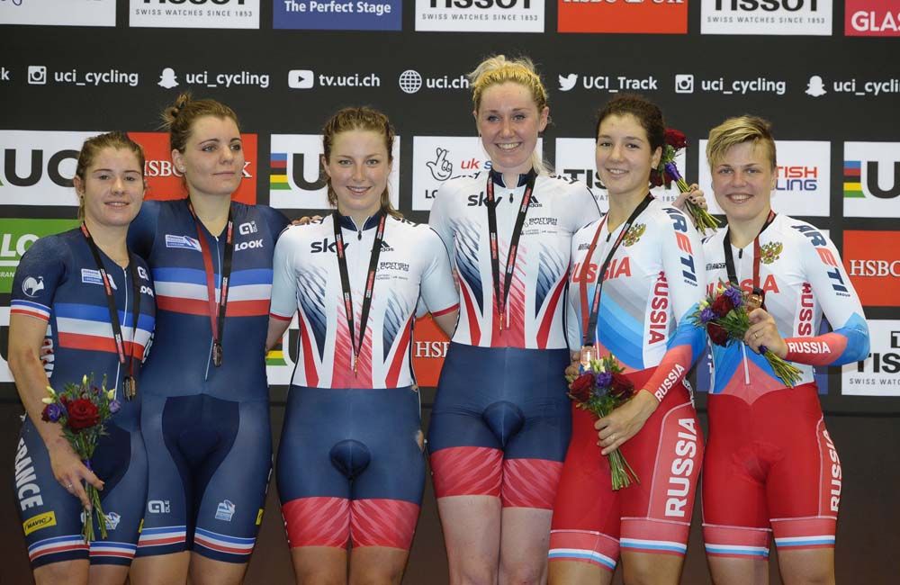 The Glasgow World Cup women's Madison podium