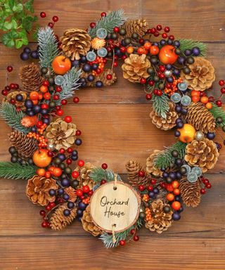 Fall wreath made from pinecones and berries