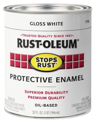 A white tine of rust-oleum protective enamel paint on a white background