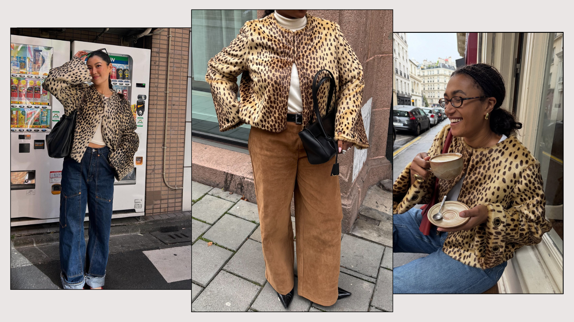 Three fashion people wear the cropped leopard print coat trend.