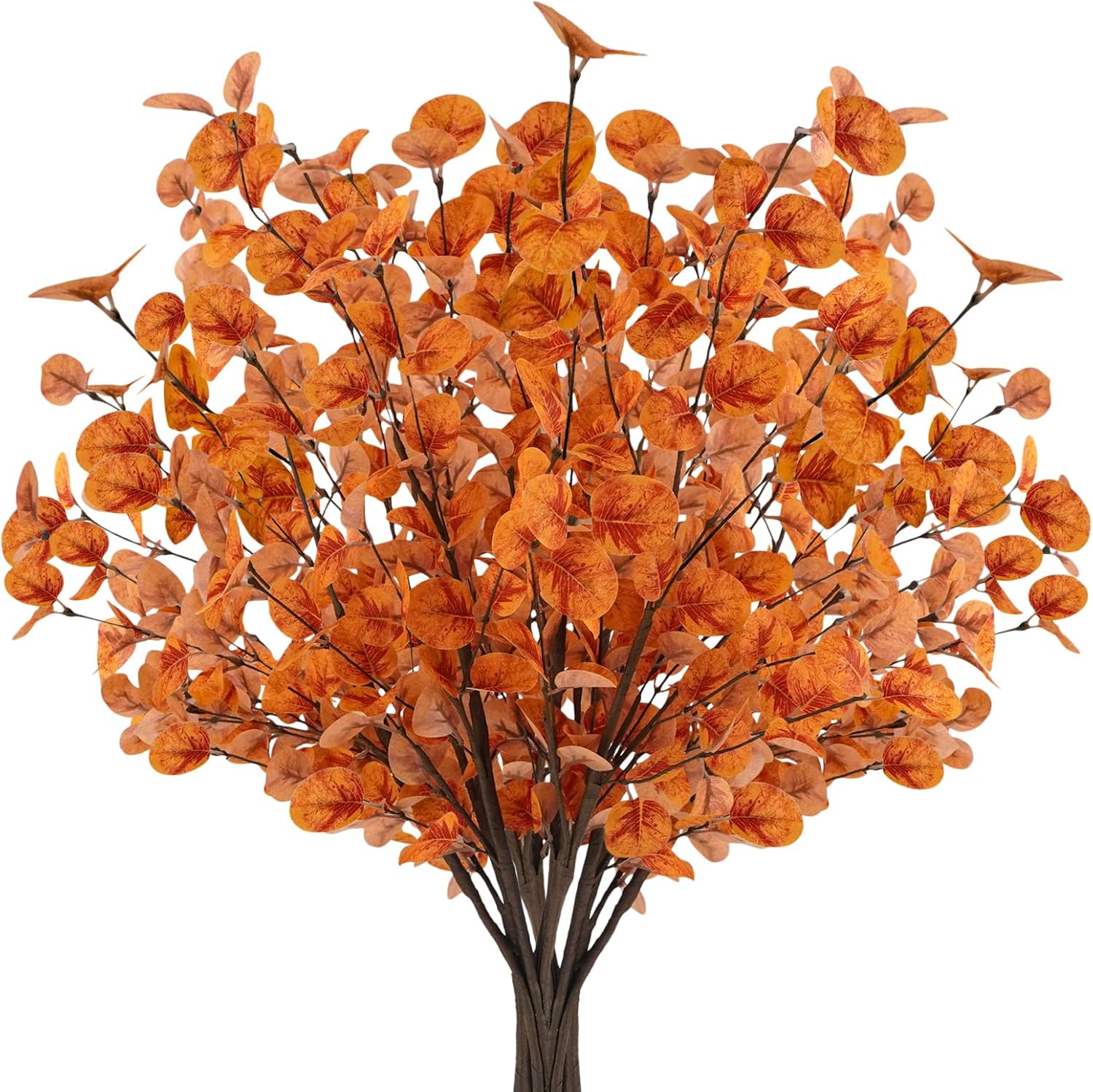 Unlemoni 12pcs Artificial Fall Eucalyptus Leaves Stems Fall Decorations Silk Fake Eucalyptus Branches Fall Leaves for Vase Boquets Autumn Home Wedding Table Thanksgiving Decor Orange