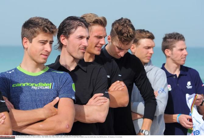 Sagan, Cancellara, Kittel, Phinney and Martin take part in a photo shoot