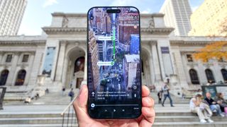 iPhone showing Google Maps Immersive View.