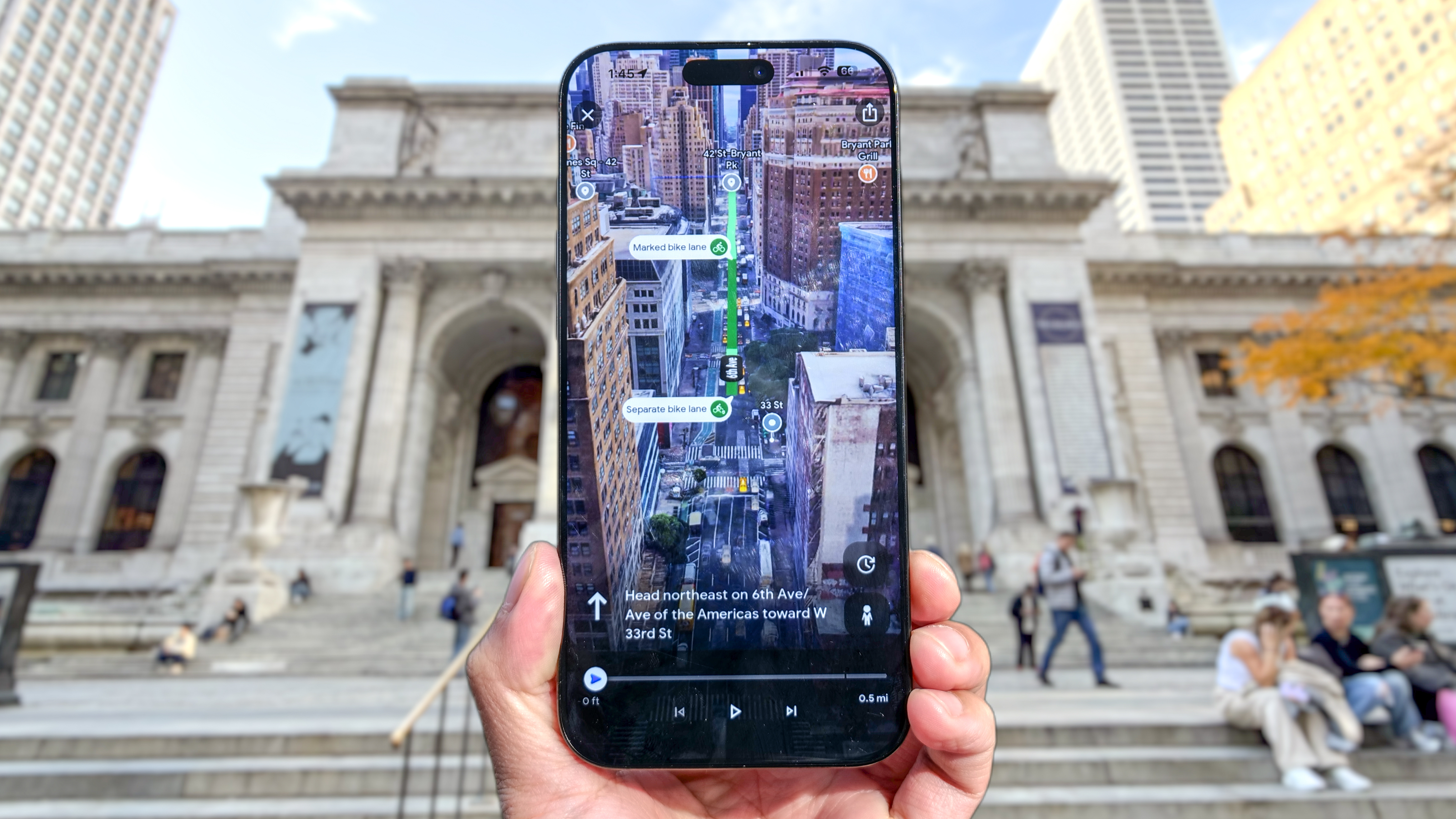 iPhone showing Google Maps Immersive View.