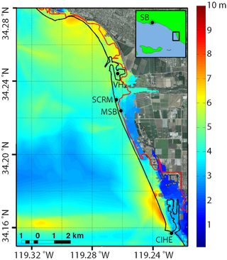 Map of localized peak tsunami amplitude, in meters (around Ventura, CA), resulting from slip on the Pitas Point and Lower Red Mountain fault system.