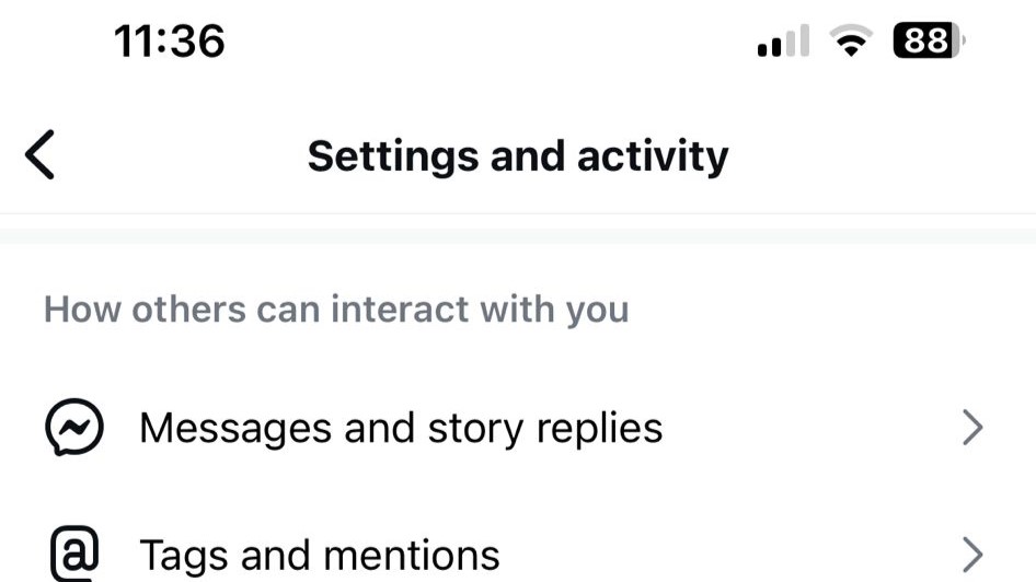 Instagram settings and activity menu showing 'messages and story replies' under the 'how others interact with you' heading