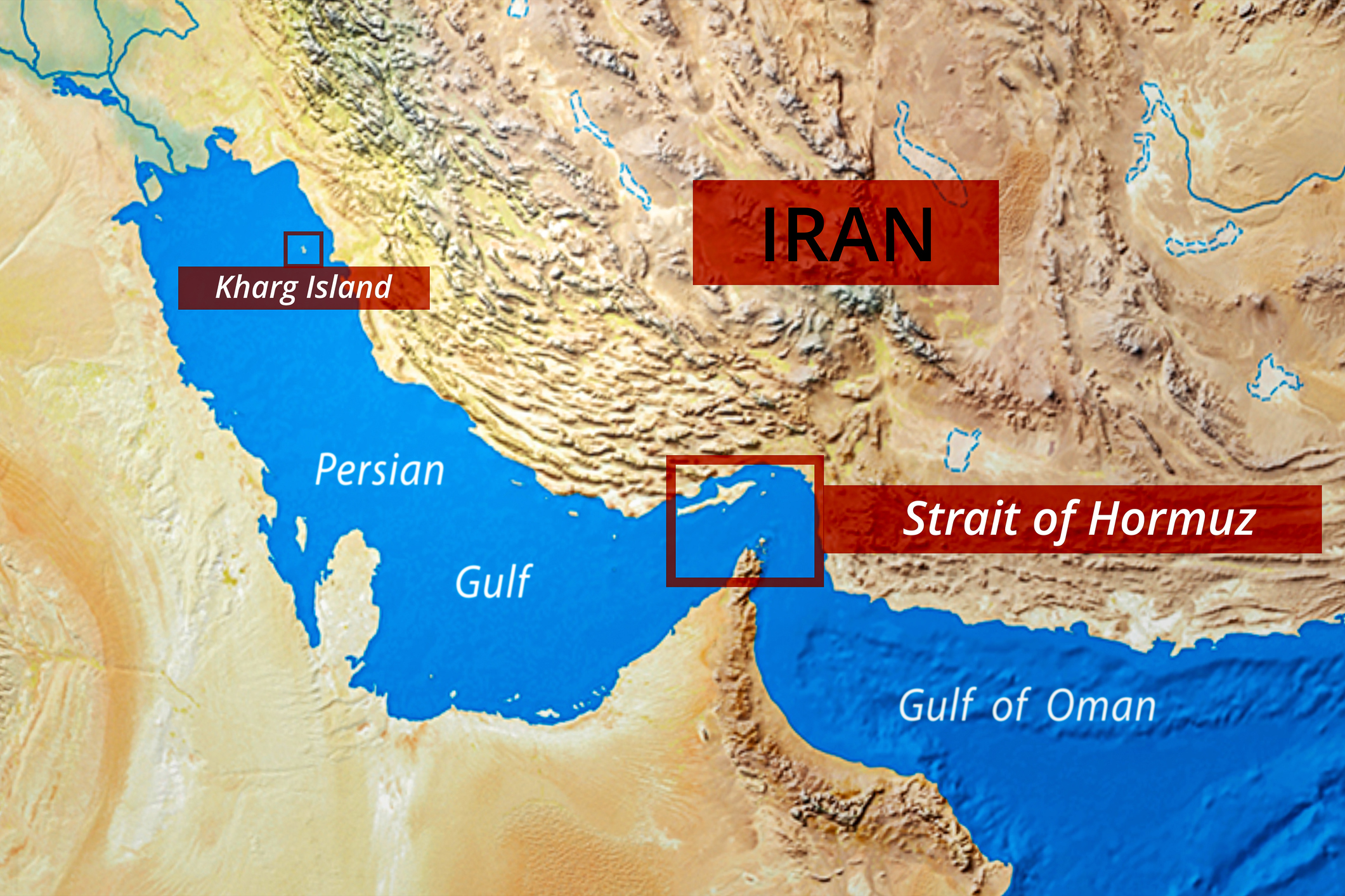 Geographical map displaying the Strait of Hormuz