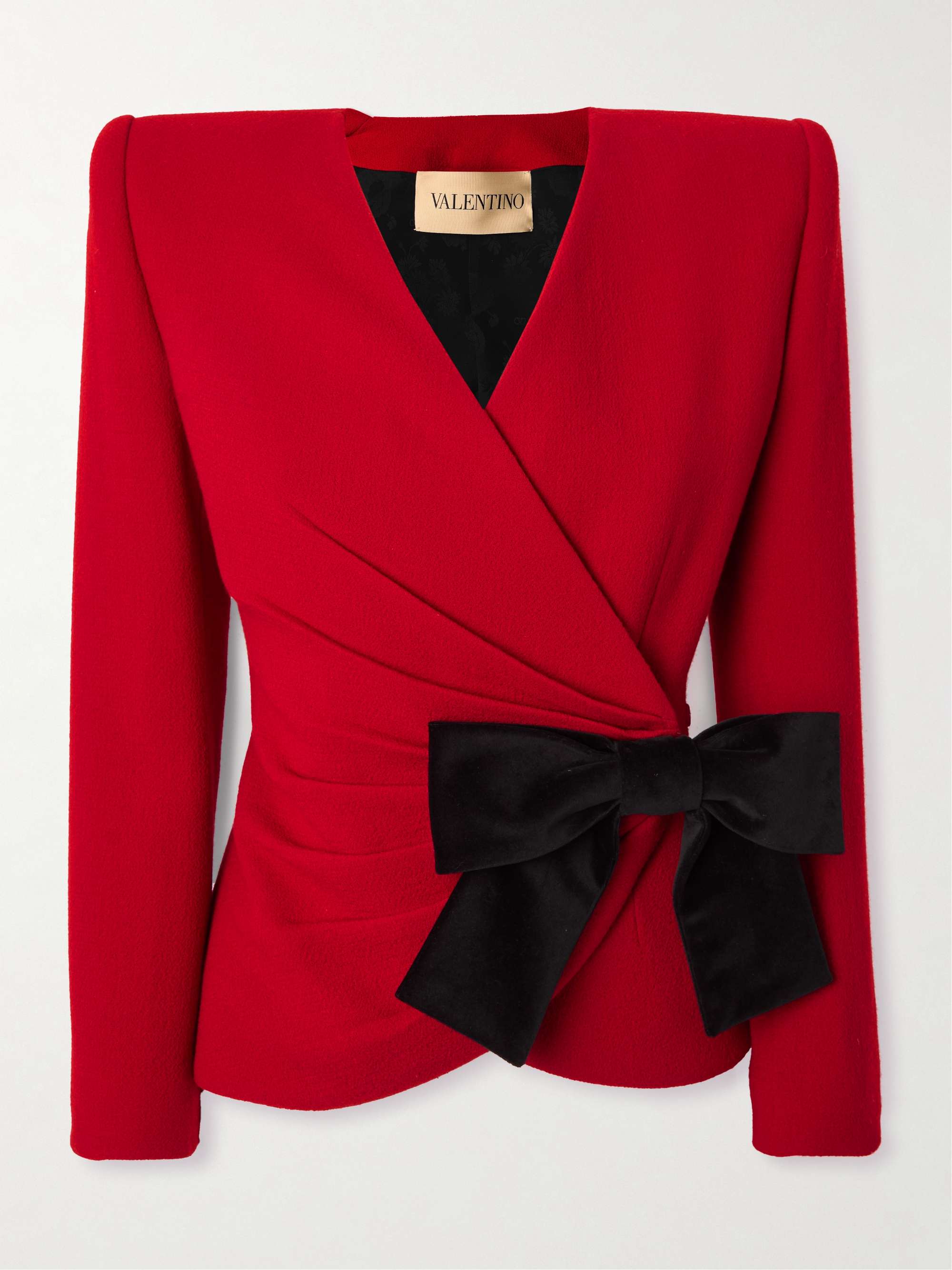 Bow-Detailed Ruched Wool-Crepe Wrap Jacket