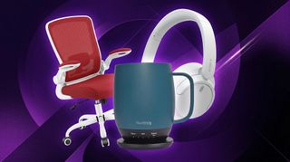 A desk chair, desk mug and headphones on a purple and black background.