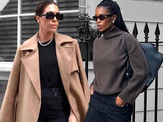 British influencers Marilyn Nwawulor-Kazemaks and Jessica Skye posing on a London sidewalks wearing black sunglasses, a brown turtleneck sweater, a camel coat, black leather The Row Margaux bag, and black jeans.