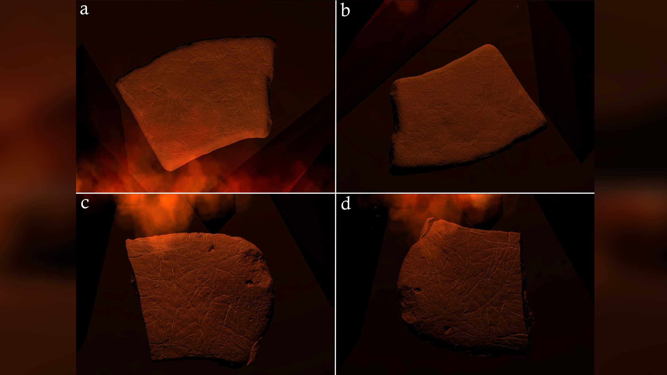 Los experimentos con escaneos tridimensionales de las plaquetas talladas y la luz del fuego generada con computadoras revelaron que diferentes retratos de animales pueden haber sido animados por la luz parpadeante del fuego.