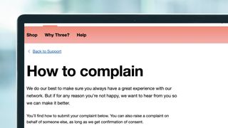 A laptop screen showing a complaints page on the Three UK website