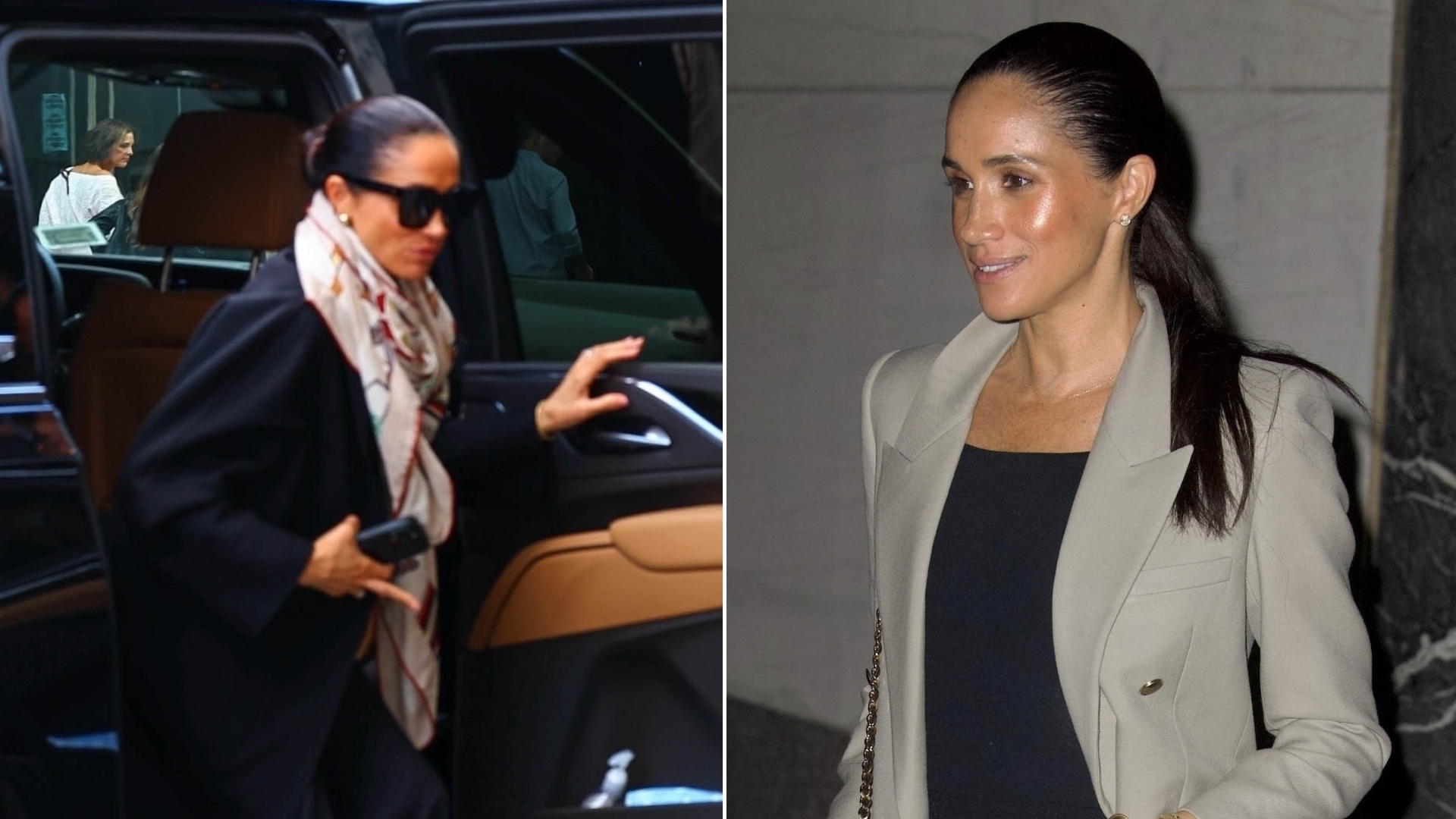Meghan Markle wears a Saint Laurent blazer and a black Max Mara coat in New York