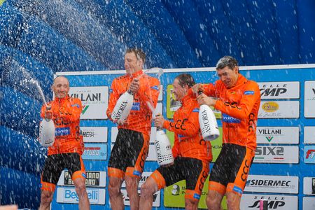 CCC Sprandi Polkowice riders celebrate their stage win.