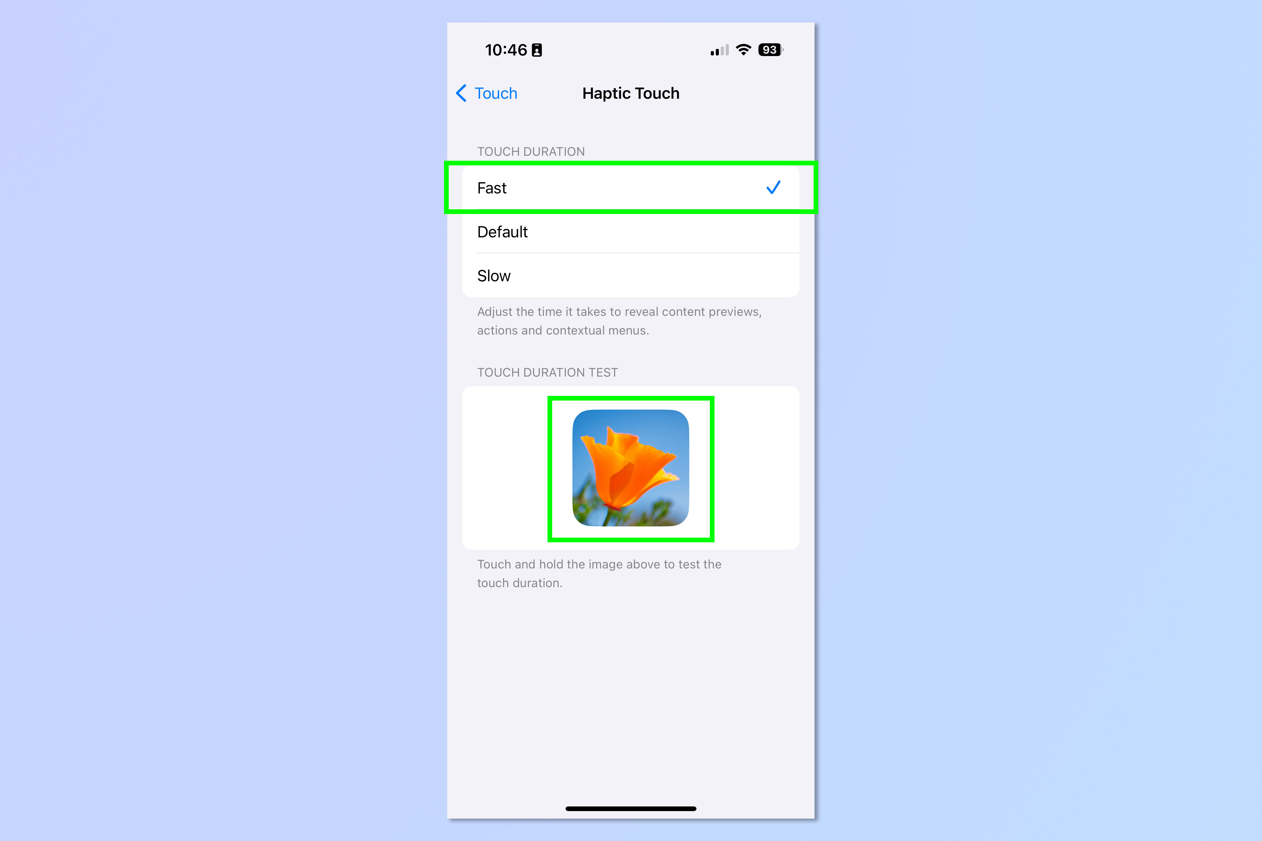 Снимок экрана, показывающий, как ускорить продолжительность Haptic Touch на iPhone.