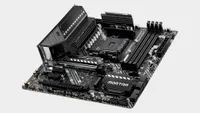 MSI MAG B550M Mortar motherboard from side-on on a grey background