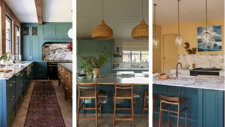Three images of kitchens with blue-green cabinets