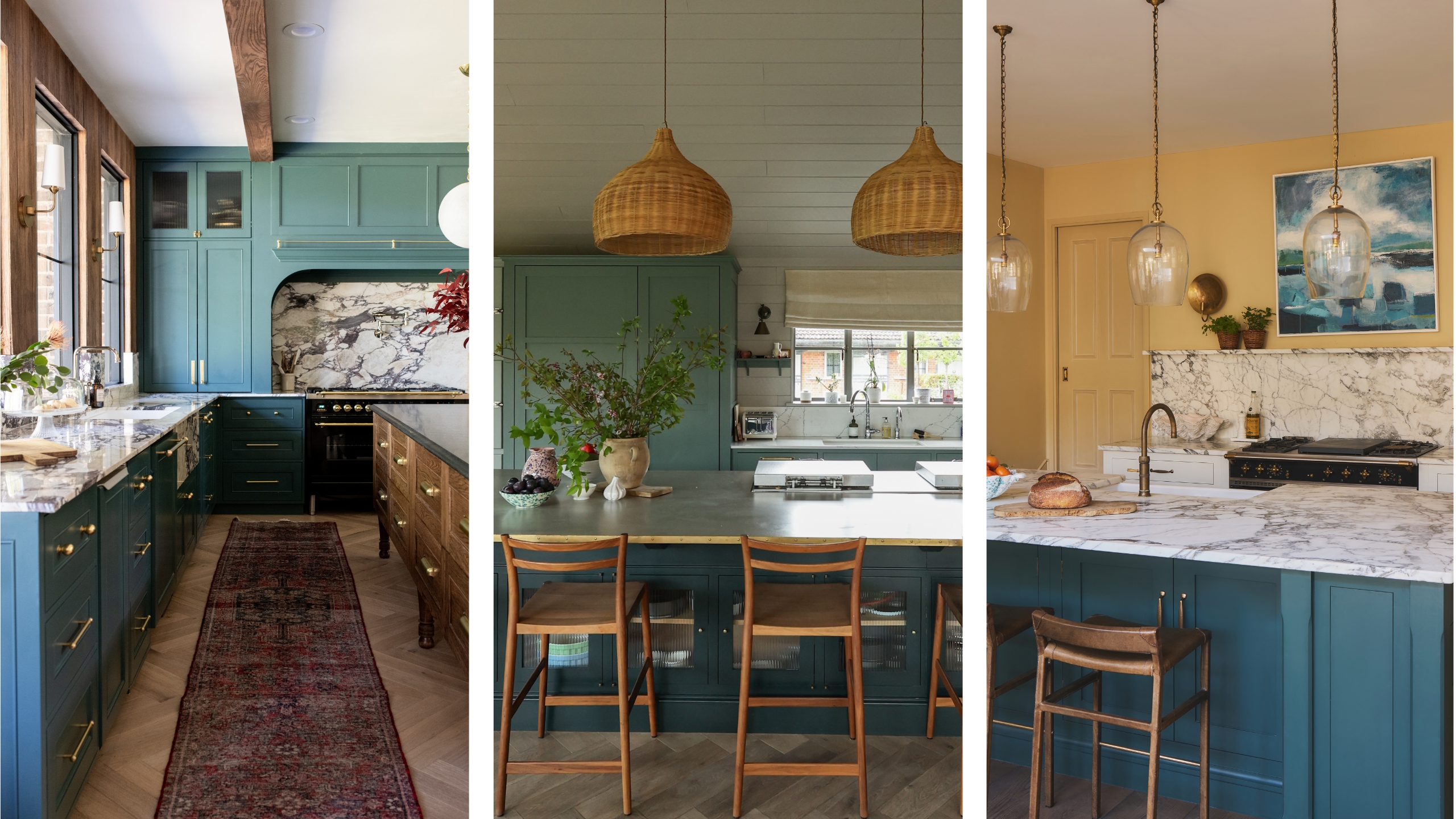 Three images of kitchens with blue-green cabinets