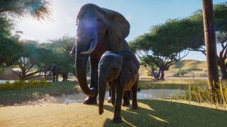 Screenshot from Planet Zoo showing two elephants