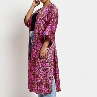 Pink long satin paisley kimono