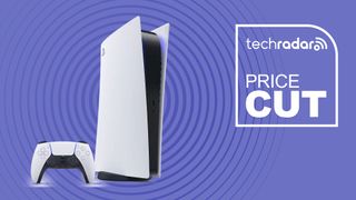 PlayStation 5 Digital Edition with DualSense on purple background with TechRadar price cut sign