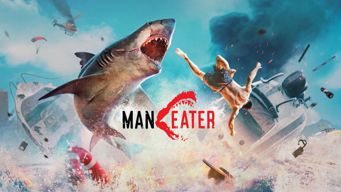 Maneater logo over top of a shark jumping out of the ocean in a boat explosion, attempting to eat a person.