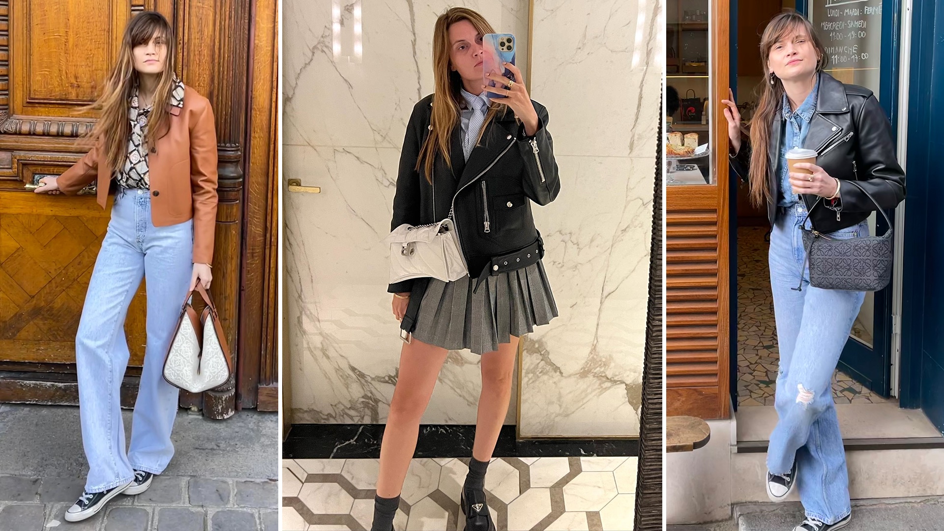 fashion collage of French writer and editor Eugenie Trochu wearing different outfits with jackets including a tan cropped leather jacket and black leather moto biker jackets