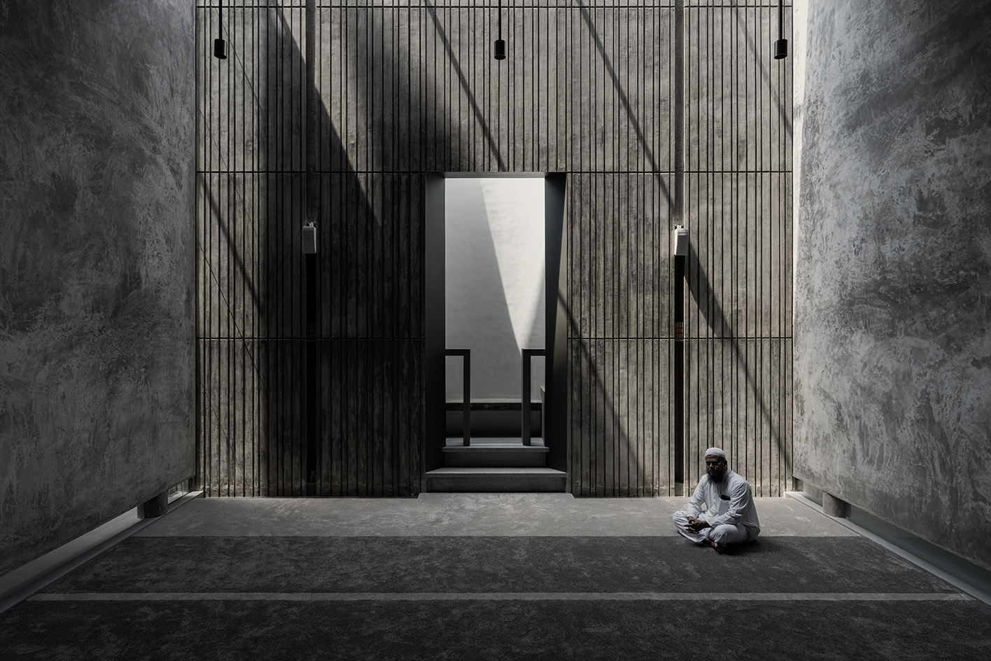 Brutalist mosque in Kerala, concrete structure minimalist interior
