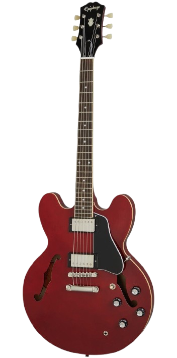A red semi-hollow Epiphone ES-335