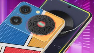ZTE Nubia Music Phone front and back, on purple background