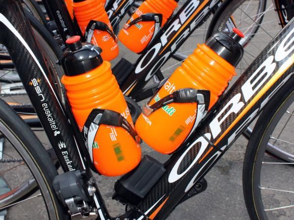 Extra electrical tape on the cages help keep the bottles in place on the cages of Euskaltel-Euskadi.