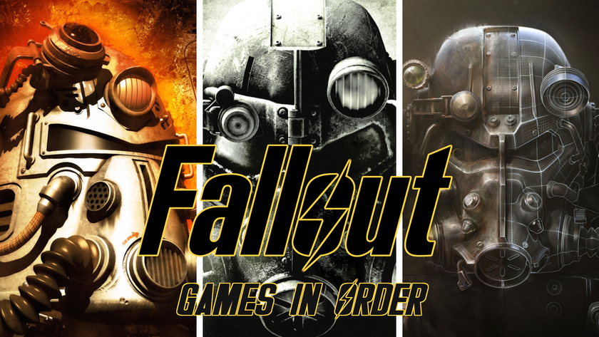 Split image showing three different Fallout game boxarts, with the text &quot;Fallout Games in Order&quot; over the top.