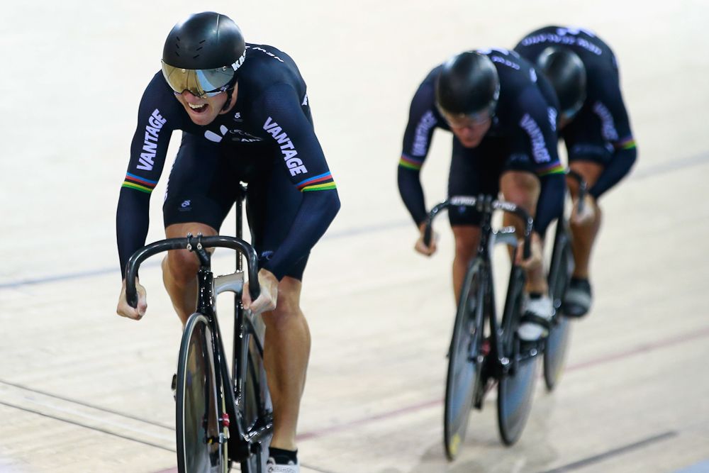 Ethan Mitchell, Sam Webster and Eddie Dawkins of New Zealand compete in the final of the Men's Team Sprint