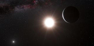 An artist's depiction of a planet orbiting a pair of stars.