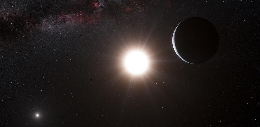 An artist&#039;s depiction of a planet orbiting a pair of stars.