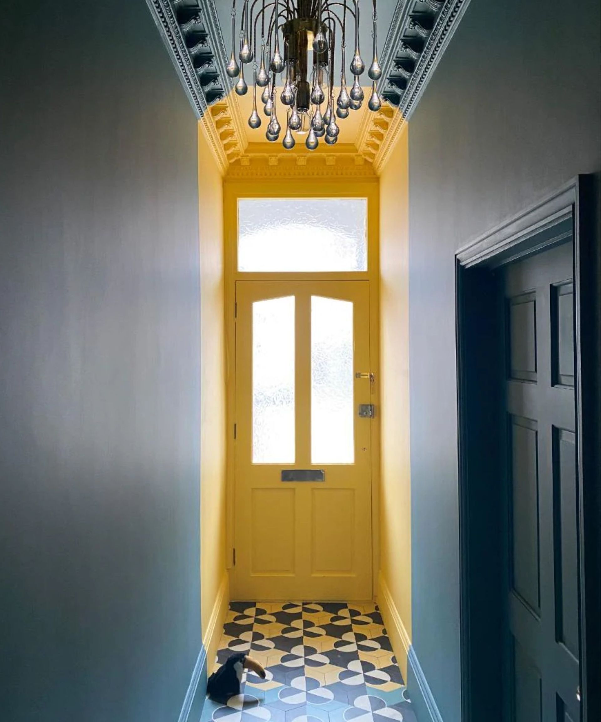 A dark hallway painted in a dark color, with the front door at one end, painted in a bright yellow