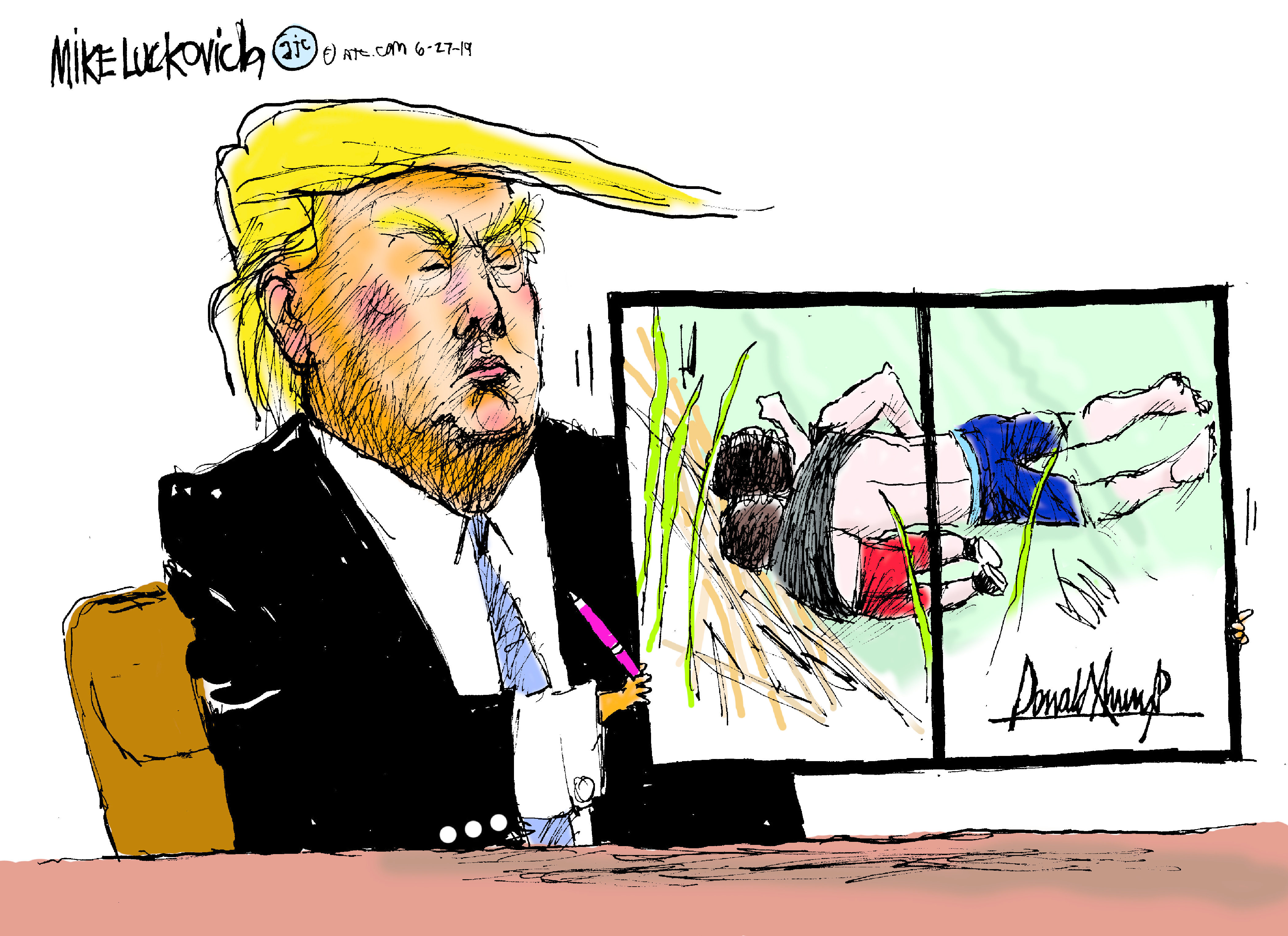 Political Cartoon U.S. Trump Bill Signing Rio Grande Father and Daughter Picture