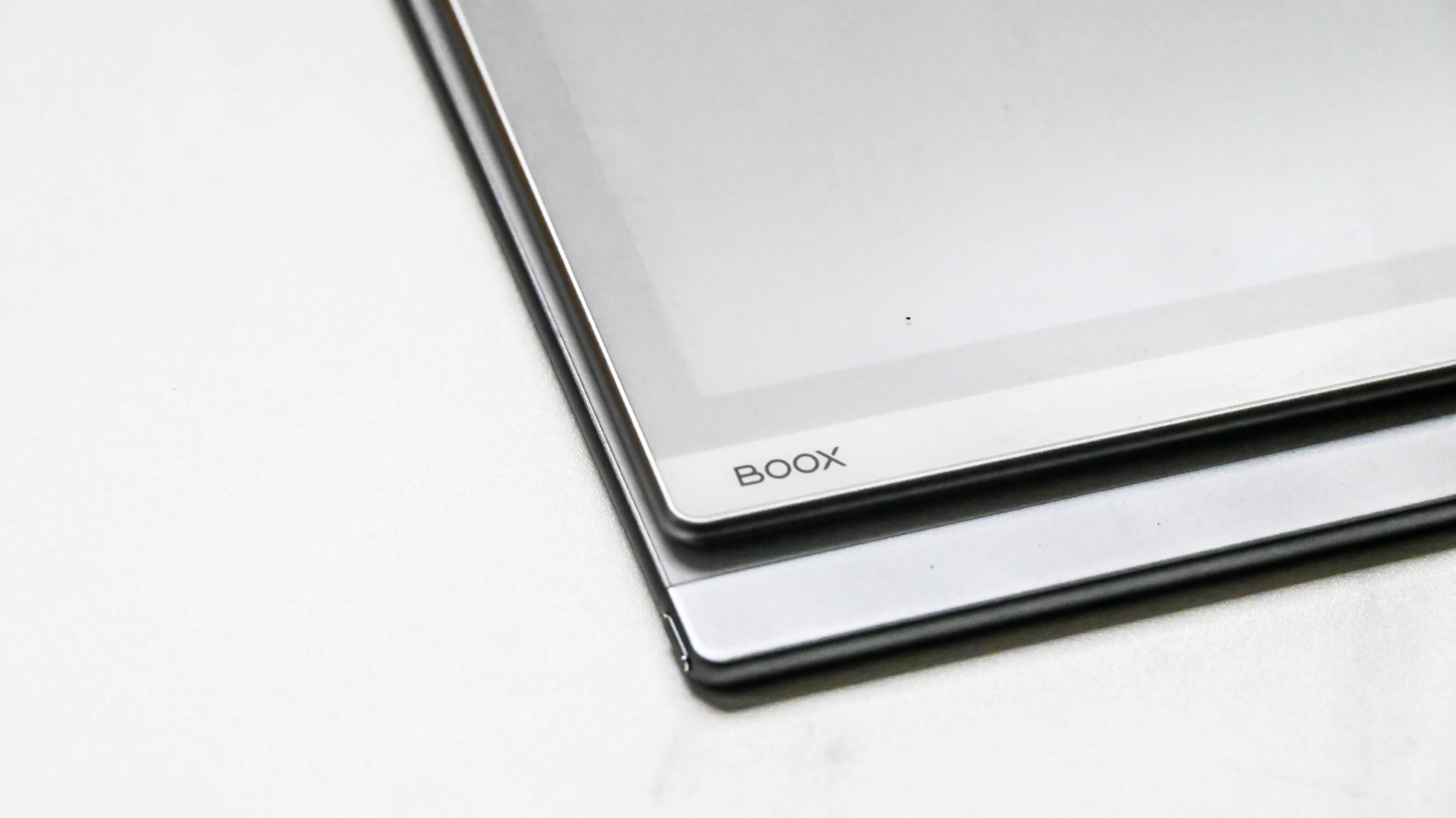 The Boox branding on the corner of the white bezel of the Onyx Boox Go 10.3 tablet