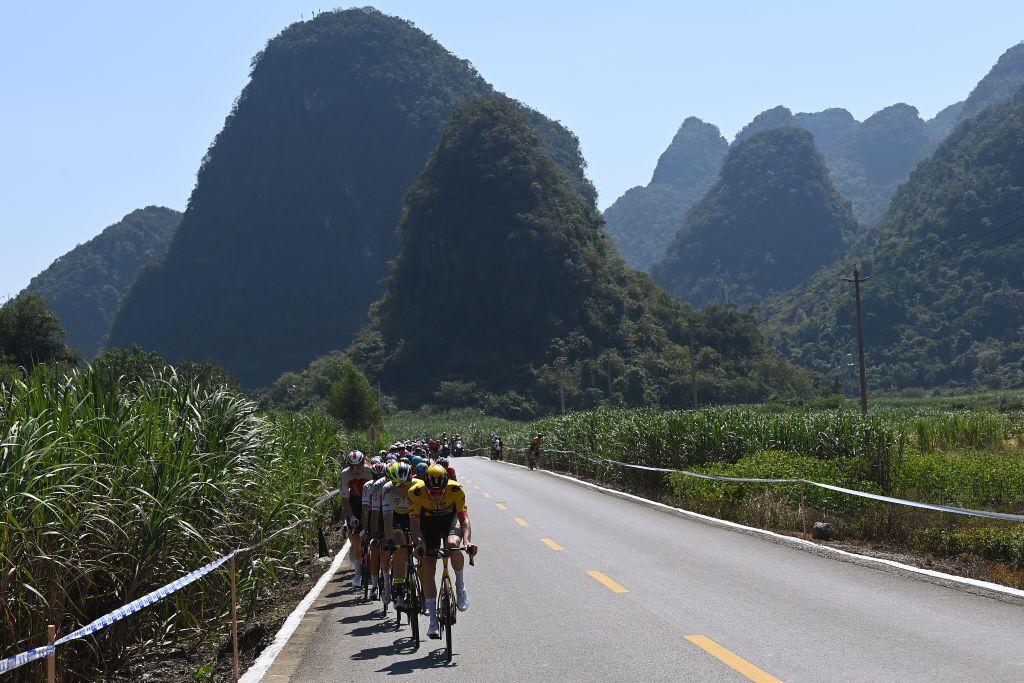 GUILIN CHINA OCTOBER 16 LR Julius Johansen of Denmark and Team IntermarcheCircusWanty and Mick Van Dijke of The Netherlands and Team JumboVisma lead the peloton during the 4th GreeTour of Guangxi 2023 Stage 5 a 2096km stage from Liuzhou to Guilin UCIWT on October 16 2023 in Guilin China Photo by Tim de WaeleGetty Images