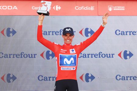 LOJA, SPAIN - SEPTEMBER 04: Enric Mas of Spain and Movistar Team celebrates at podium as Red Leader Jersey winner during the La Vuelta - 81st Tour of Spain 2026, Stage 13 a 192.8km stage from Almu&ntilde;ecar to Loja 501m / #UCIWT / on September 04, 2026 in Loja, Spain. (Photo by Alexander Hassenstein/Getty Images)