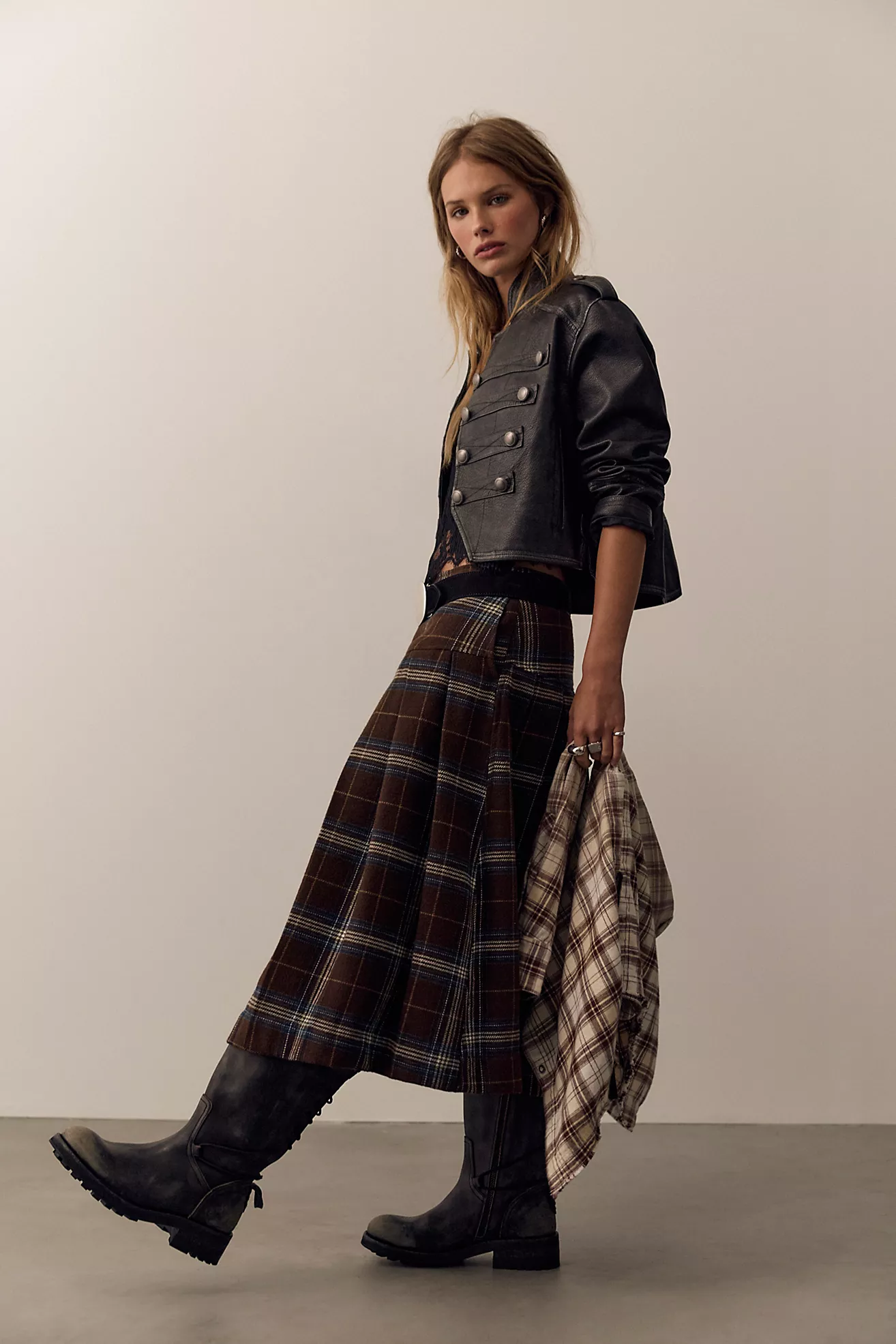 We the Free Skipper Pleated Plaid Midi Skirt