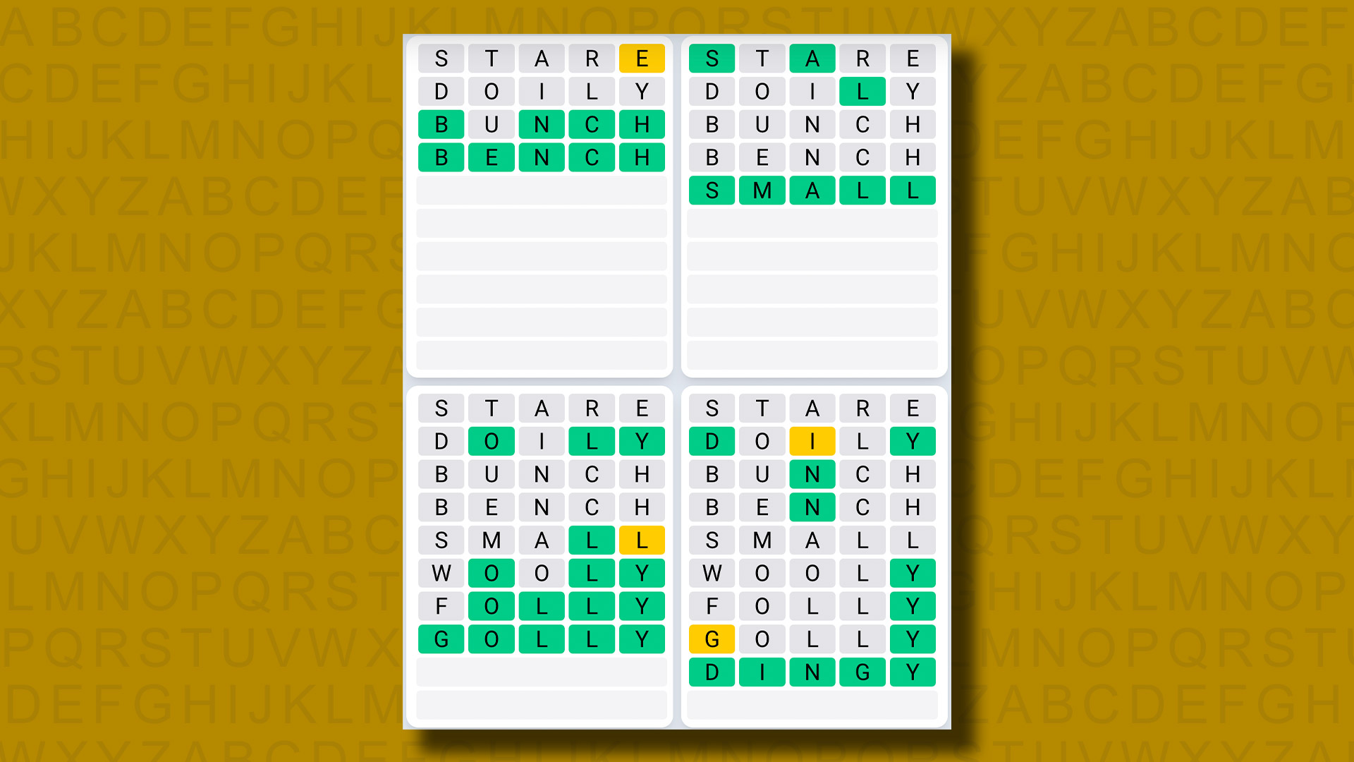 Quordle Daily Sequence answers for game 829 on a yellow background