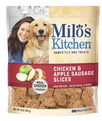 Milo's Kitchen Chicken &amp; Apple Sausage Slices&nbsp; 
$9.99 at Chewy