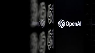 The OpenAI logo in white (circles wrapping over one another next to the words "OpenAI") on the right of frame against a dark background. It is being reflected against a glassy surface across the left of the frame.