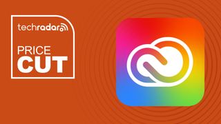 Adobe Creative Cloud apps on orange background and price cut sign