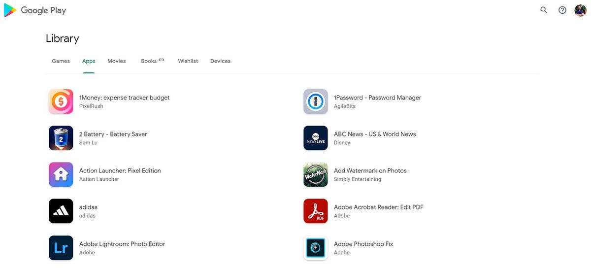 Google Play Store's new library section on desktop