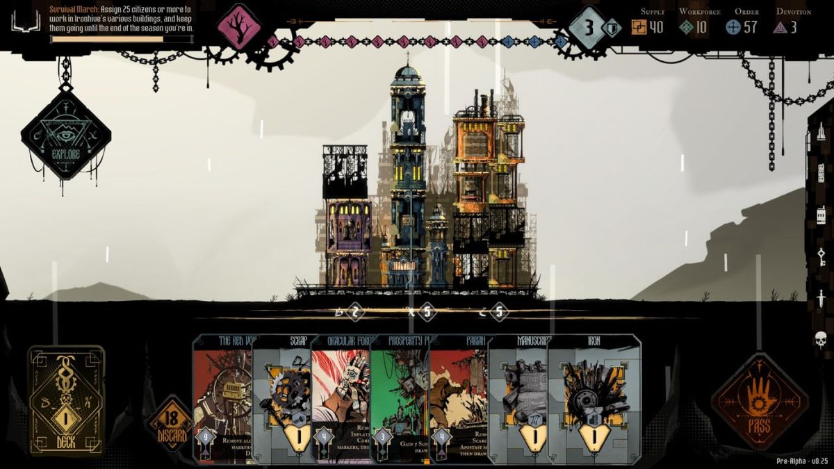 Ironhive city view screen with a selection of cards